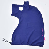 Hobby Horse protective suit laid flat, navy lycra with eye opening, drawstring toggle and pink LarDen print and label