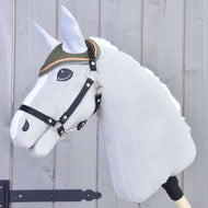 Grey Hobby Horse with a black halter wearing the olive green quilted ear bonnet with light grey ears