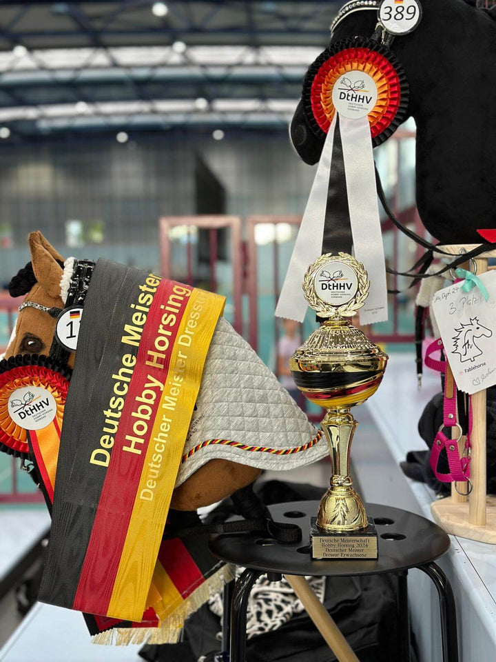 Hobby Horse konji, razstavljeni s trakovi in rozetami z nemškega prvenstva ter zlatim pokalom