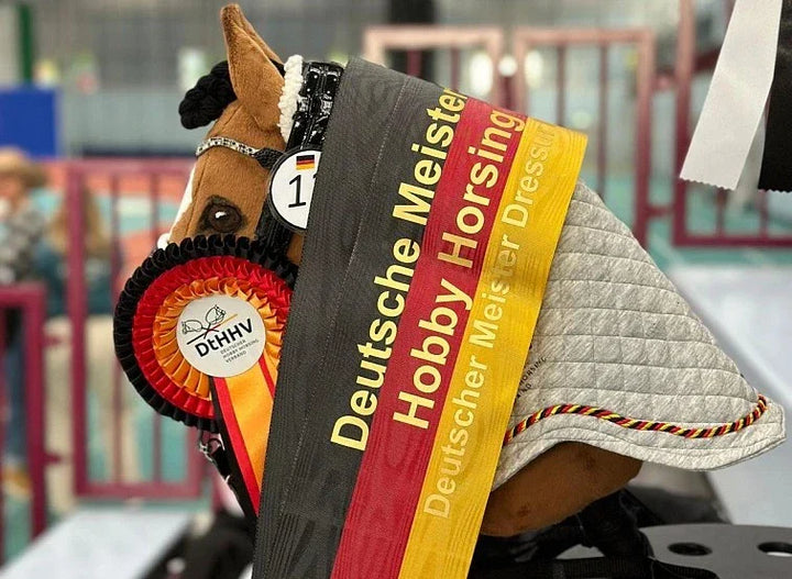 Nagrajeni Hobby Horse konj s trakovi in rozeto z nemškega prvenstva Hobby Horsing