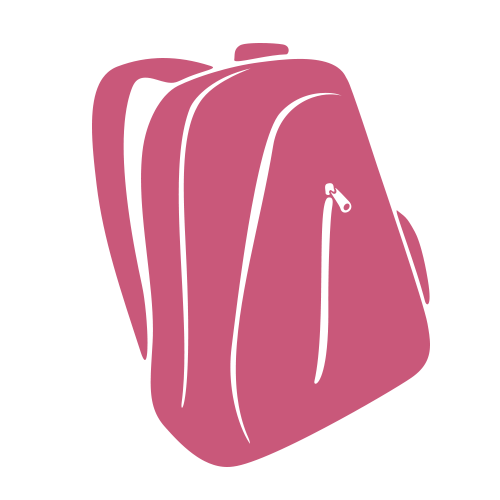 Ilustracija roza nahrbtnika z vidnim žepom na zadrgo in naramnicami na svetlo sivem ozadju.