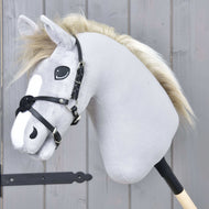 Črn Hobby Horse nosnik Mexico znamke LarDen iz umetnega usnja, prekrižan čez nos sive plišaste glave Hobby Horse konja