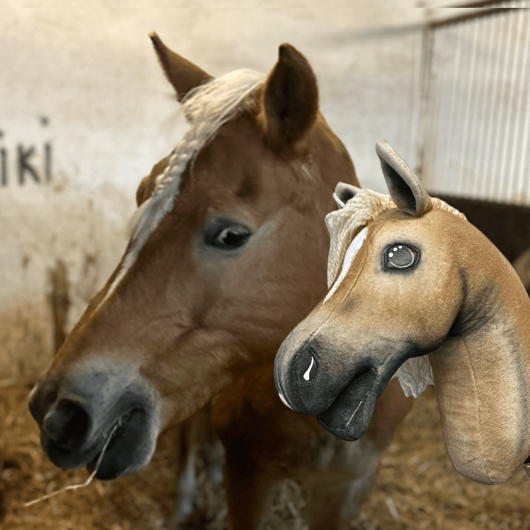 Chestnut horse with a pale braided forelock in a stable next to a light brown Hobby Horse with a pale mane