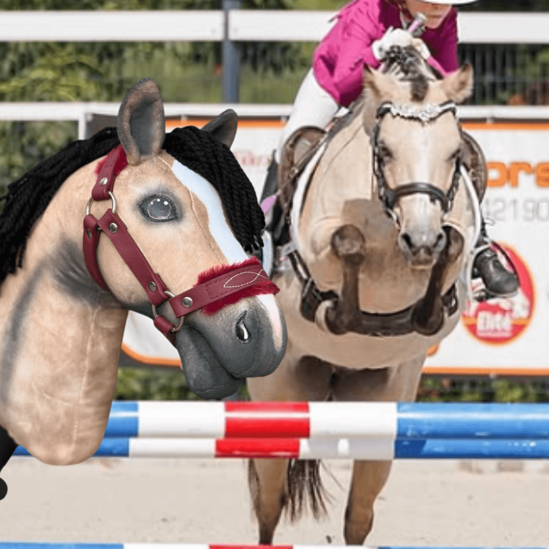 Dun Hobby Horse with a black yarn mane and burgundy halter in front of the real dun horse jumping a red, white and blue fence