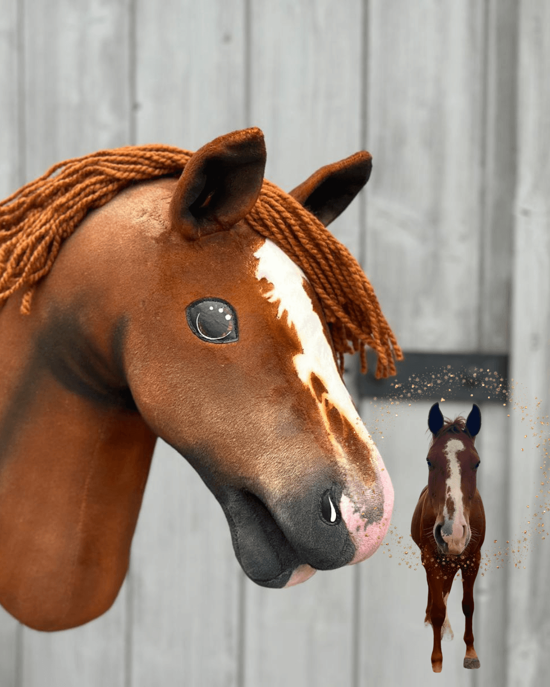 Chestnut Hobby Horse with a copper yarn mane, white blaze and pink muzzle, with a small picture of the real horse behind