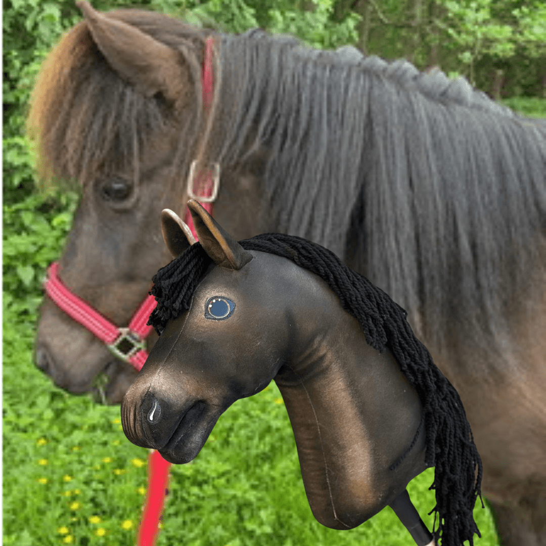 Dark brown pony with a long mane and red halter among greenery beside a dark brown Hobby Horse with a black yarn mane
