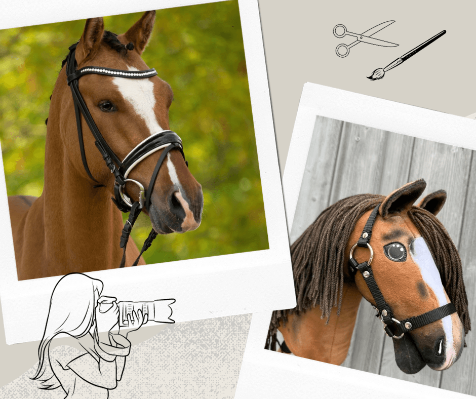 Polaroid collage of a chestnut horse with a blaze in a black bridle and its chestnut Hobby Horse copy with a brown yarn mane