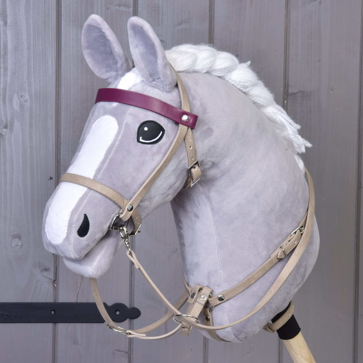 Bordeaux leatherette set - bridle, reins and martingale by LarDen on a grey Hobby Horse, beige straps, bordeaux browband