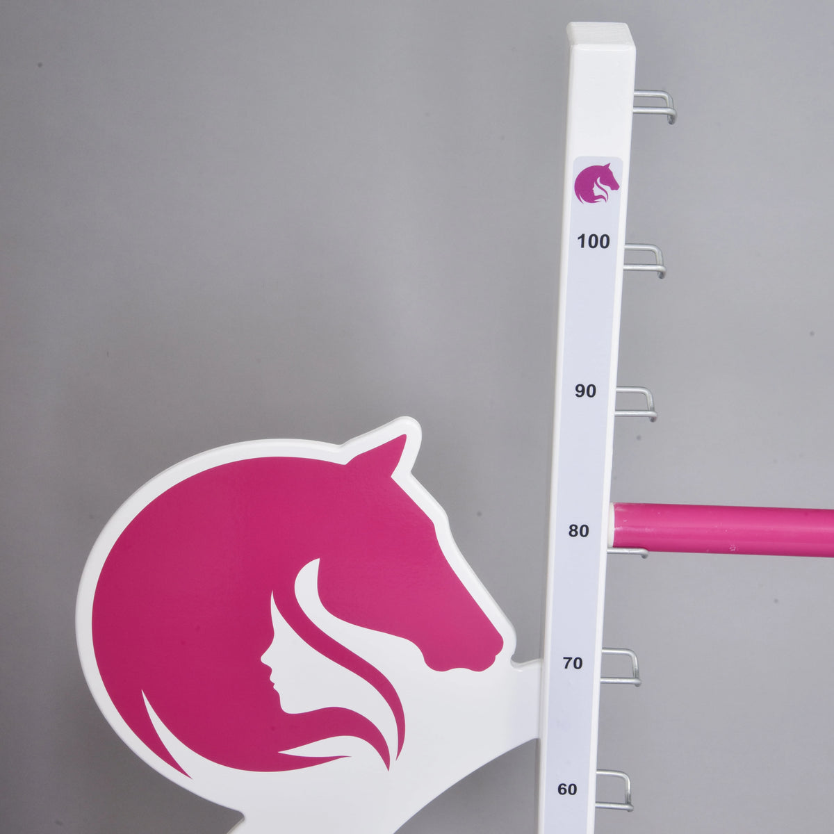 Close-up of the pink horse head and girl silhouette on a wing beside the scale, a pink pole resting at 80 cm
