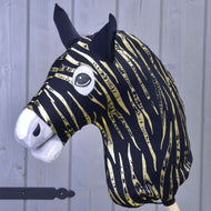 Hobby Horse zaščitna obleka Zebra Gold (Lycra) LarDen: črna s kovinsko zlatimi zebrastimi črtami, pokriva celotno glavo