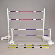 LarDen Jump set for Hobby Horsing: tall and low white stands with purple-pink, blue-yellow and yellow-black poles
