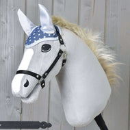 Grey Hobby Horse with a blond mane and black halter wearing the blue Ear bonnet Star with white stars and silver ears