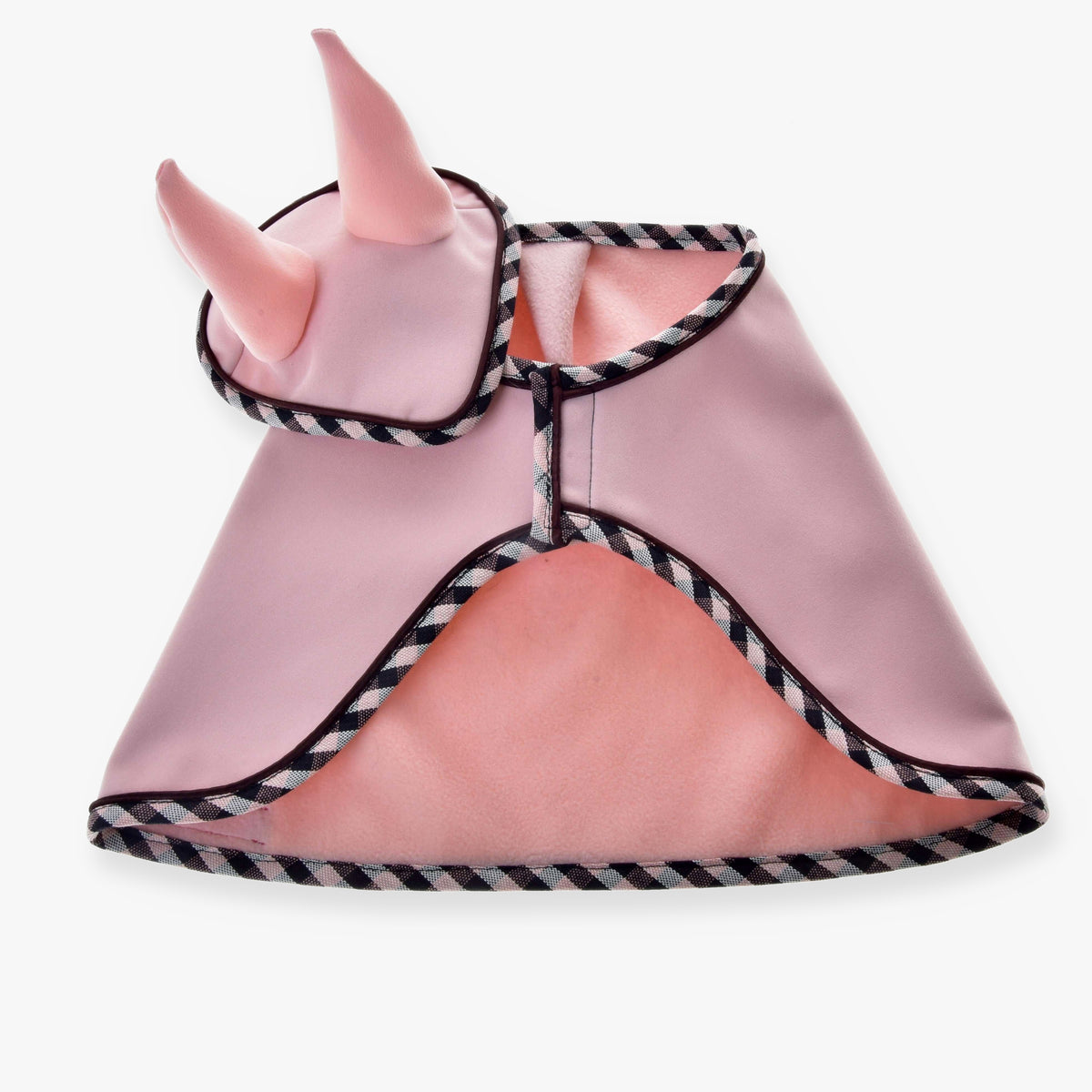 Hobby Horse Set Abby by LarDen: pale pink blanket and ear bonnet with checked black and white binding and soft pink lining