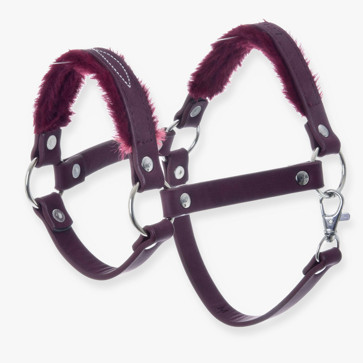 Hobby Horse oglavka s krznom Burgundy (umetno usnje) znamke LarDen: bordo oglavka s plišastim krznenim oblazinjenjem in srebrnimi obročki