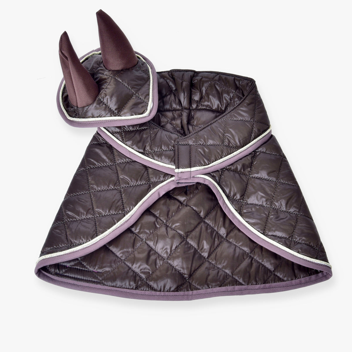 Hobby Horse Set Thermo Chocolate by LarDen: dark brown quilted blanket and ear bonnet with dusty pink and gold trim
