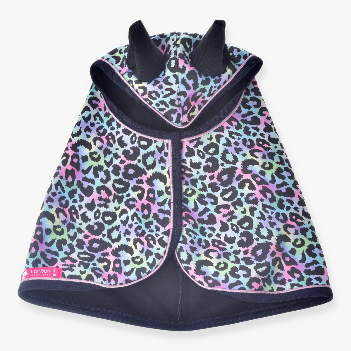 Hobby Horse Raincoat Confetti (softshell) by LarDen from above, pastel rainbow leopard print with black ears and navy binding