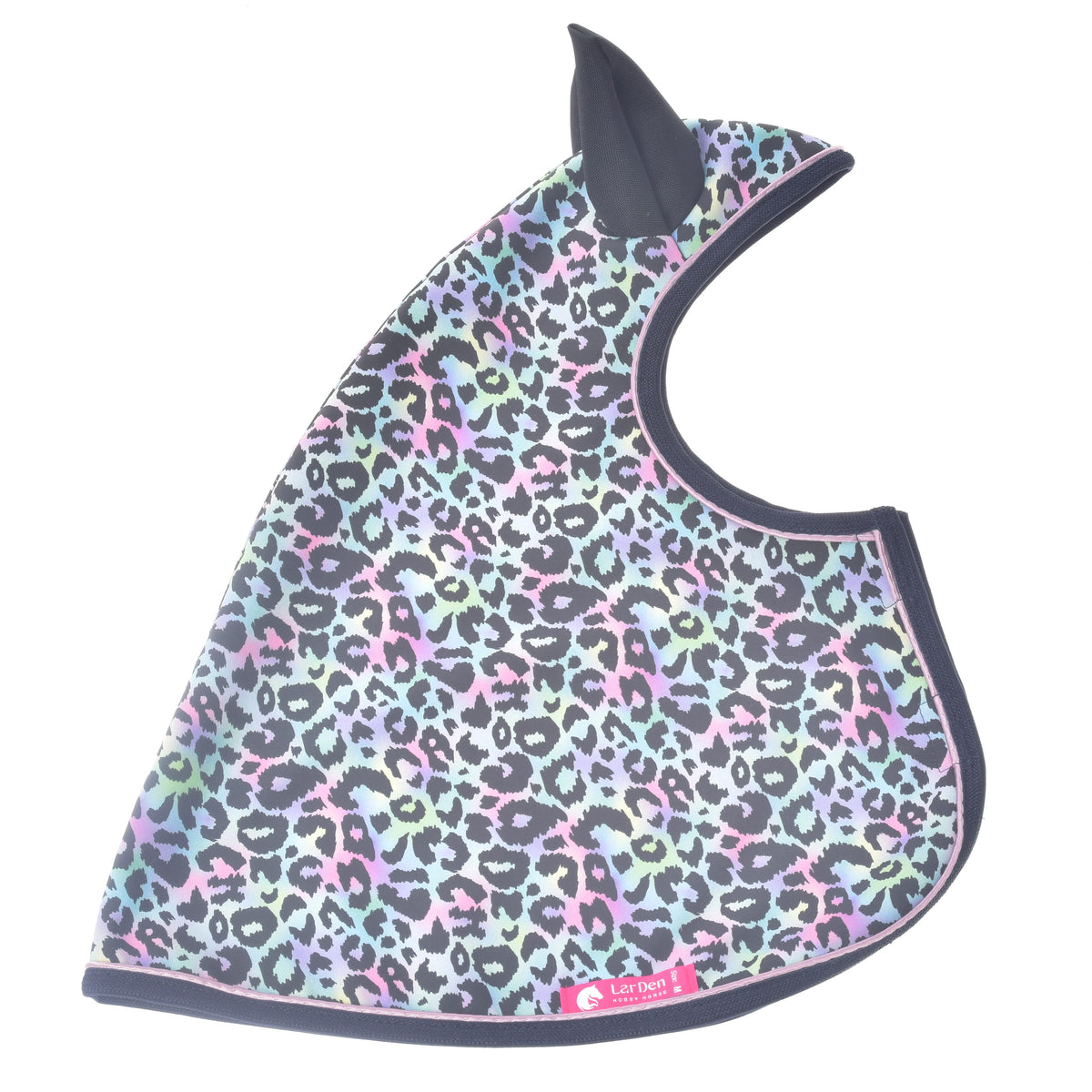 Hobby Horse Raincoat Confetti laid flat from the side, one black ear, rainbow leopard softshell, navy binding and a pink label