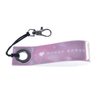 Back of the pink reflective keychain band printed with I ♥ Hobby Horse in white, with black cord and silver snap hook