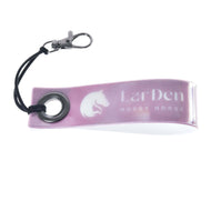 Hobby Horse Keychain band LarDen in reflective pink with the white horse-head logo, black cord and silver snap hook