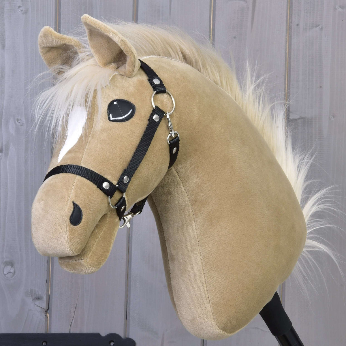 Hobby Horse Dancing Lady with Black Halter by LarDen, sandy beige plush head with white star and fluffy cream mane