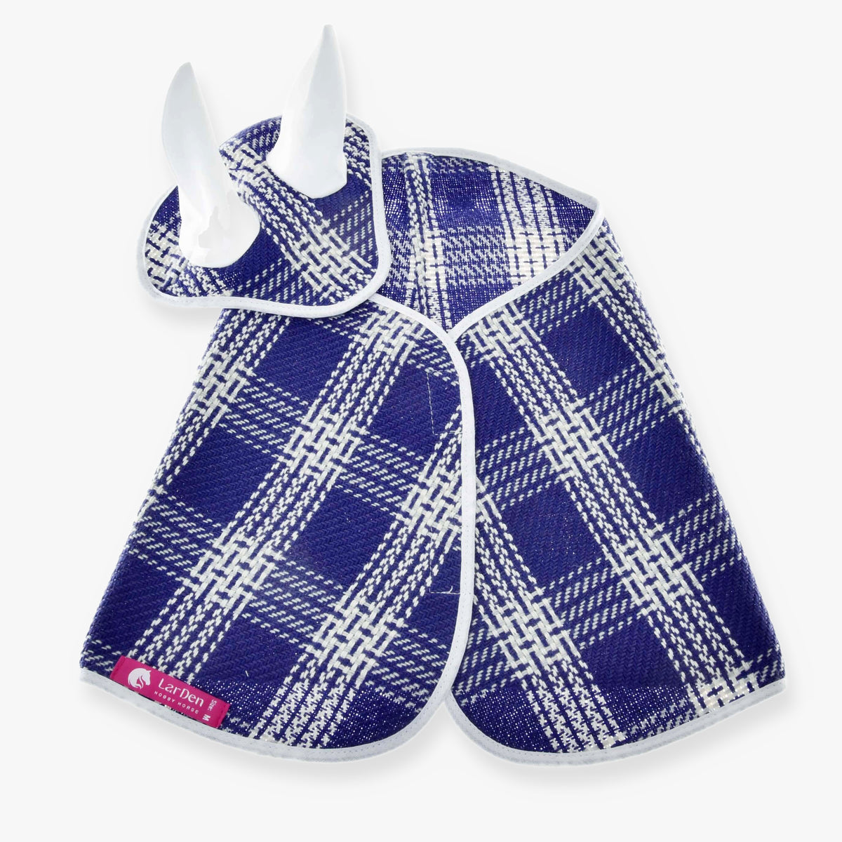 Hobby Horse komplet Blue Cube LarDen: modro-belo karirasto pregrinjalo in naušniki z belimi ušesnimi deli in belo obrobo