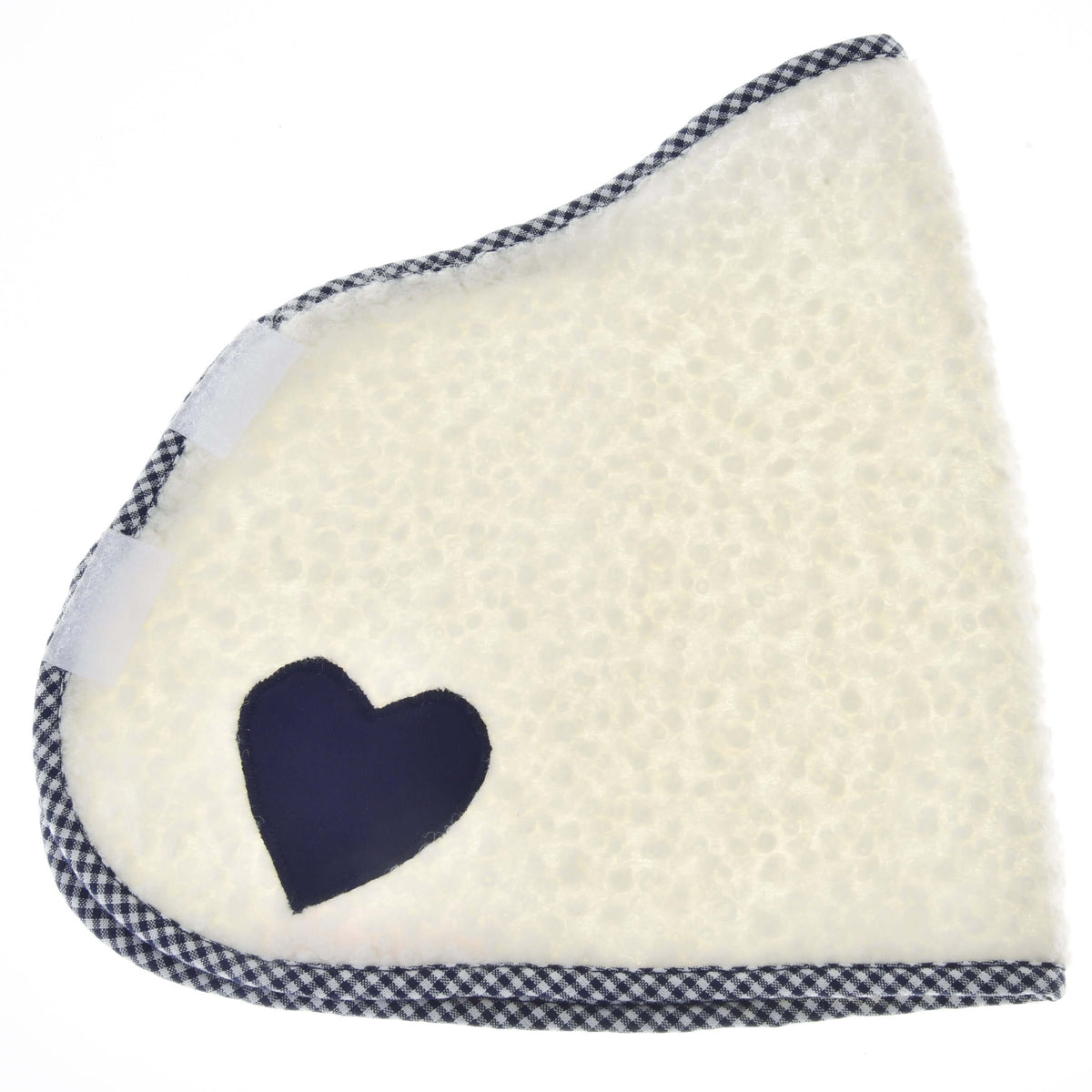 Hobby Horse Blanket cube blue laid flat from the side, cream fleece with navy heart and white hook-and-loop tabs