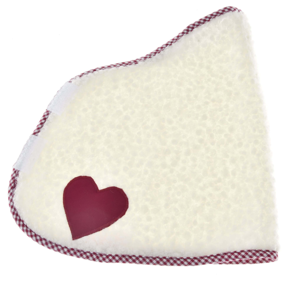 Hobby Horse Blanket cube red laid flat from the side, cream fleece with heart patch and white hook-and-loop tabs