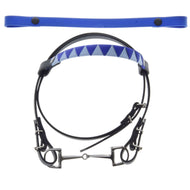 Black Hobby Horse bridle with bit, a blue triangle-pattern browband and a spare plain blue browband on white