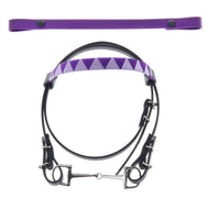 Black Hobby Horse bridle with bit and purple triangle browband, plus a second plain purple browband with press studs