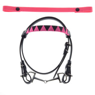 Black Hobby Horse bridle with bit, a pink and black triangle browband and a spare plain pink browband