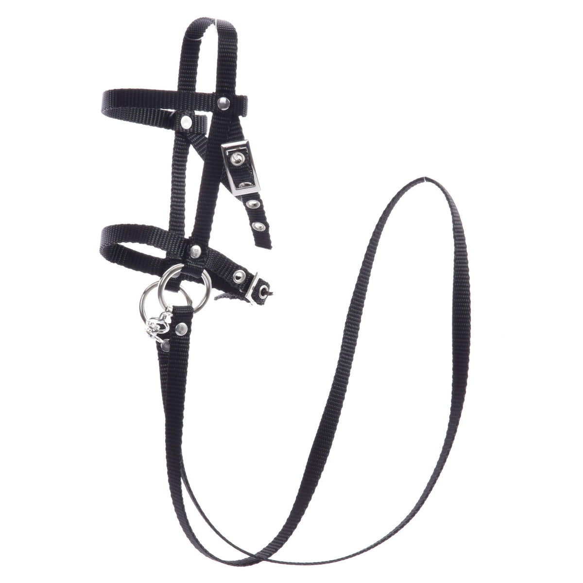 LarDen Hobby Horse Black bridle with reins from strap, a black webbing bridle with noseband and silver rings