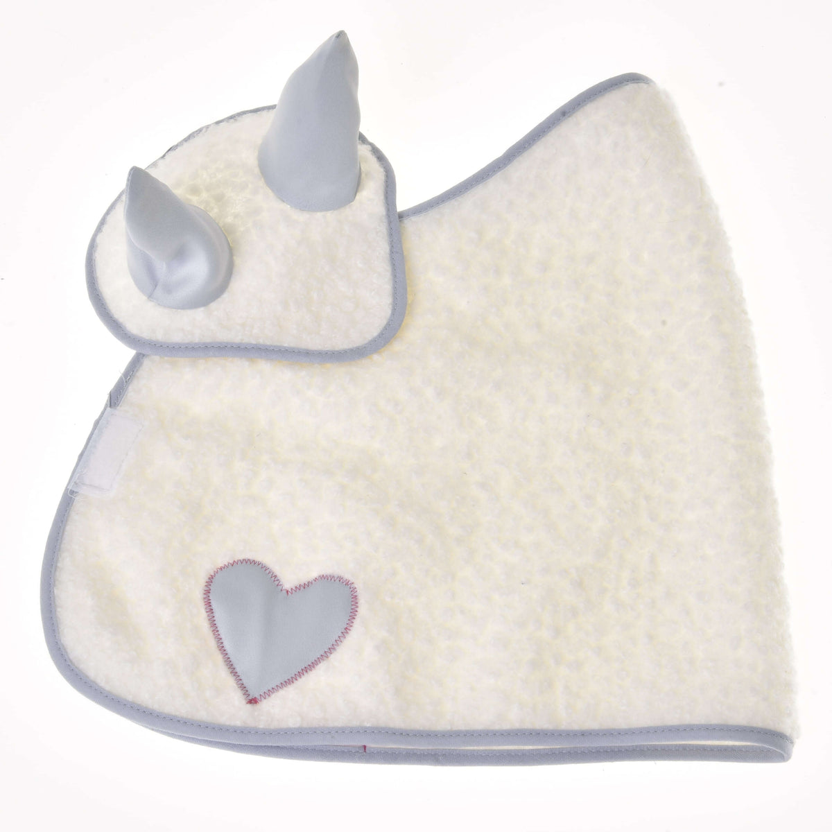 Hobby Horse Set Snowflake laid flat: fluffy cream blanket with a grey satin heart and the ear bonnet with grey ears