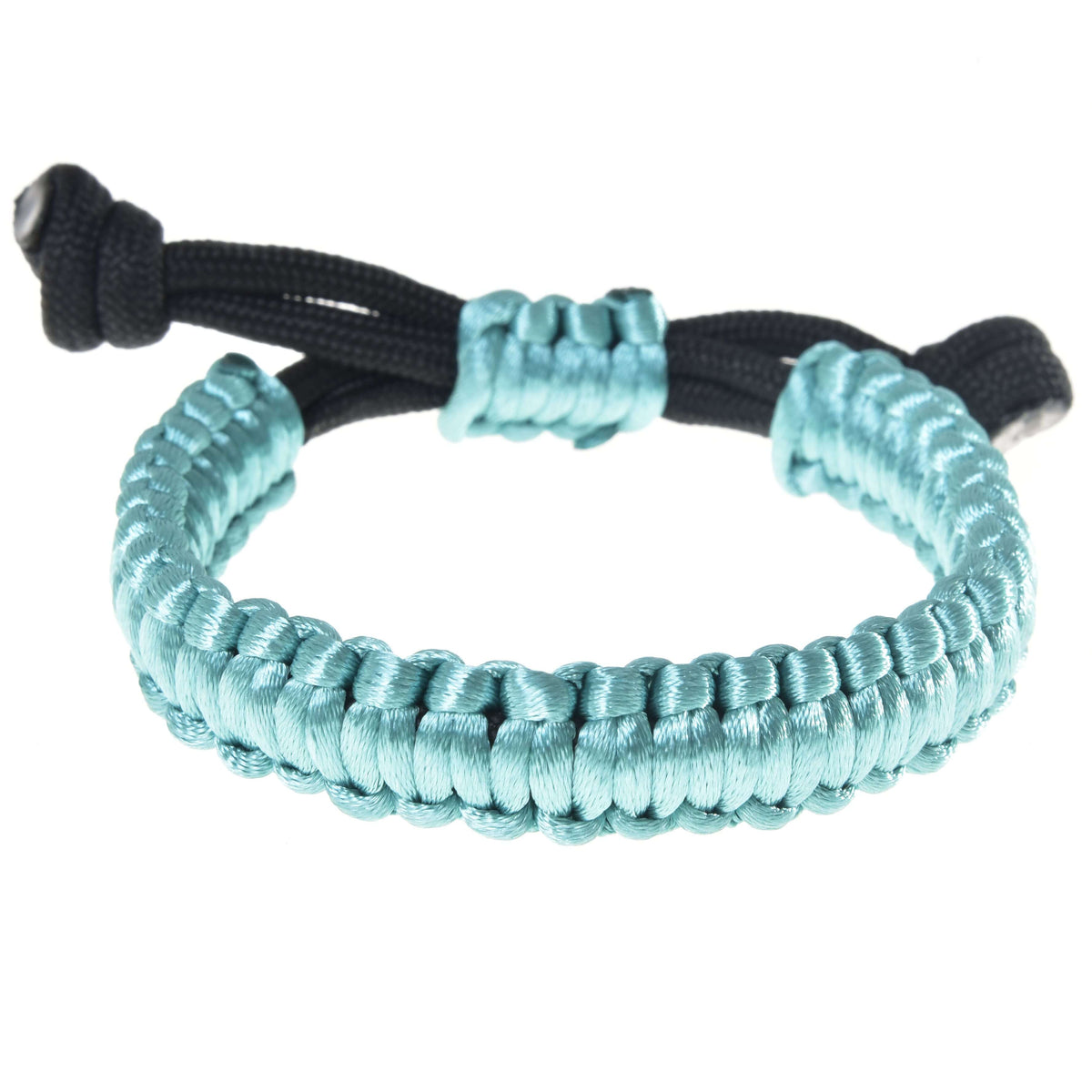 Hobby Horse Bracelet Turquoise from the front, glossy turquoise square-knot weave with black cord ends