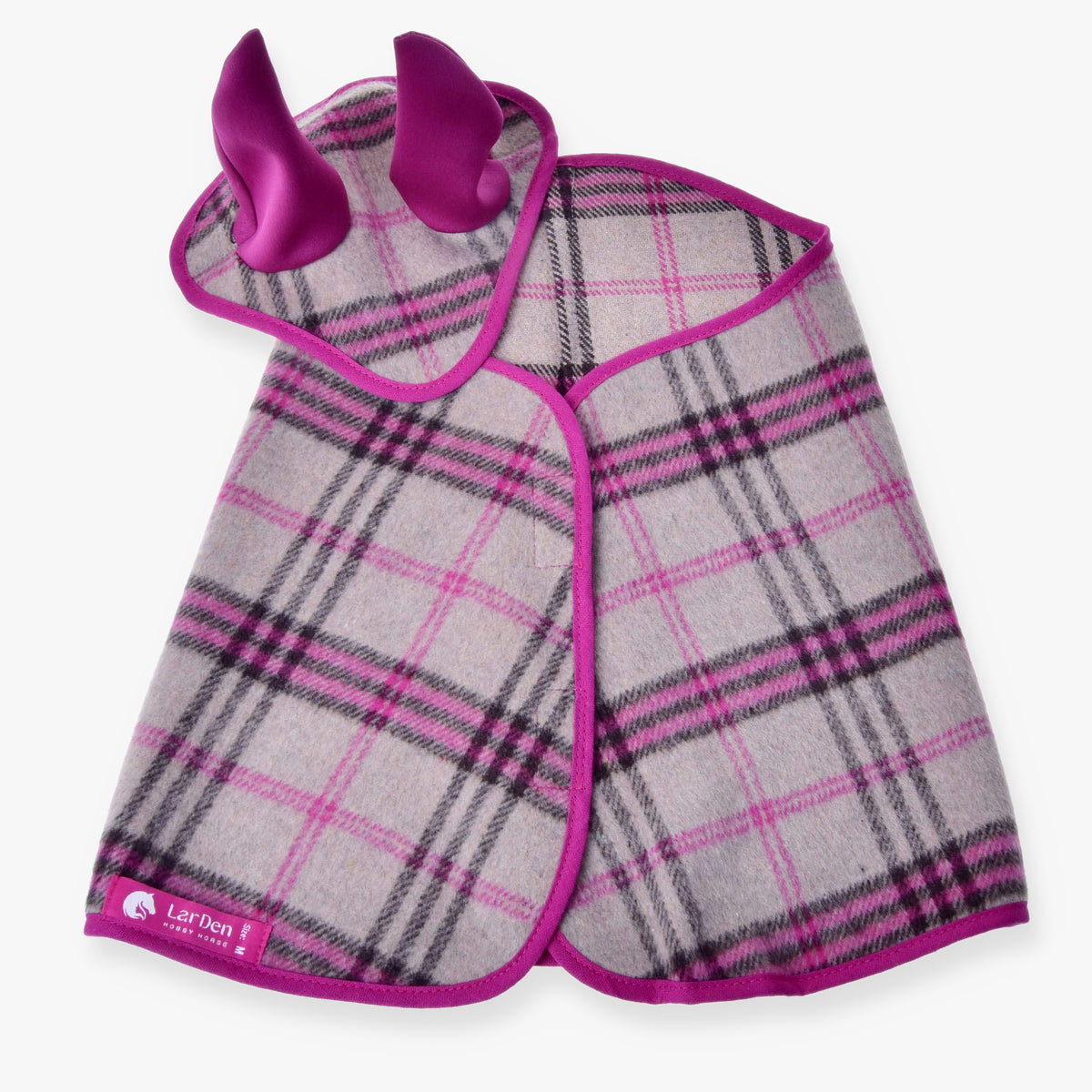 Hobby Horse komplet Cube Pink LarDen: bež karirasto pregrinjalo in naušniki z roza-sivimi črtami in roza ušesnimi deli