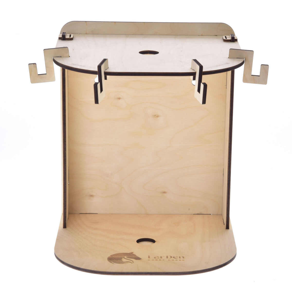 Front view of the Small Hobby Horse Stable with hooks on both sides of the shelf and the LarDen logo engraved in the base
