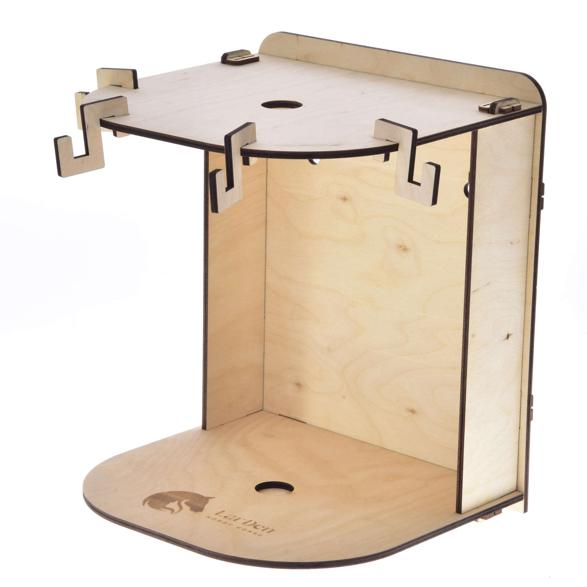 Small Hobby Horse Stable by LarDen in light plywood, with four hooks on the top shelf and an engraved logo on the base