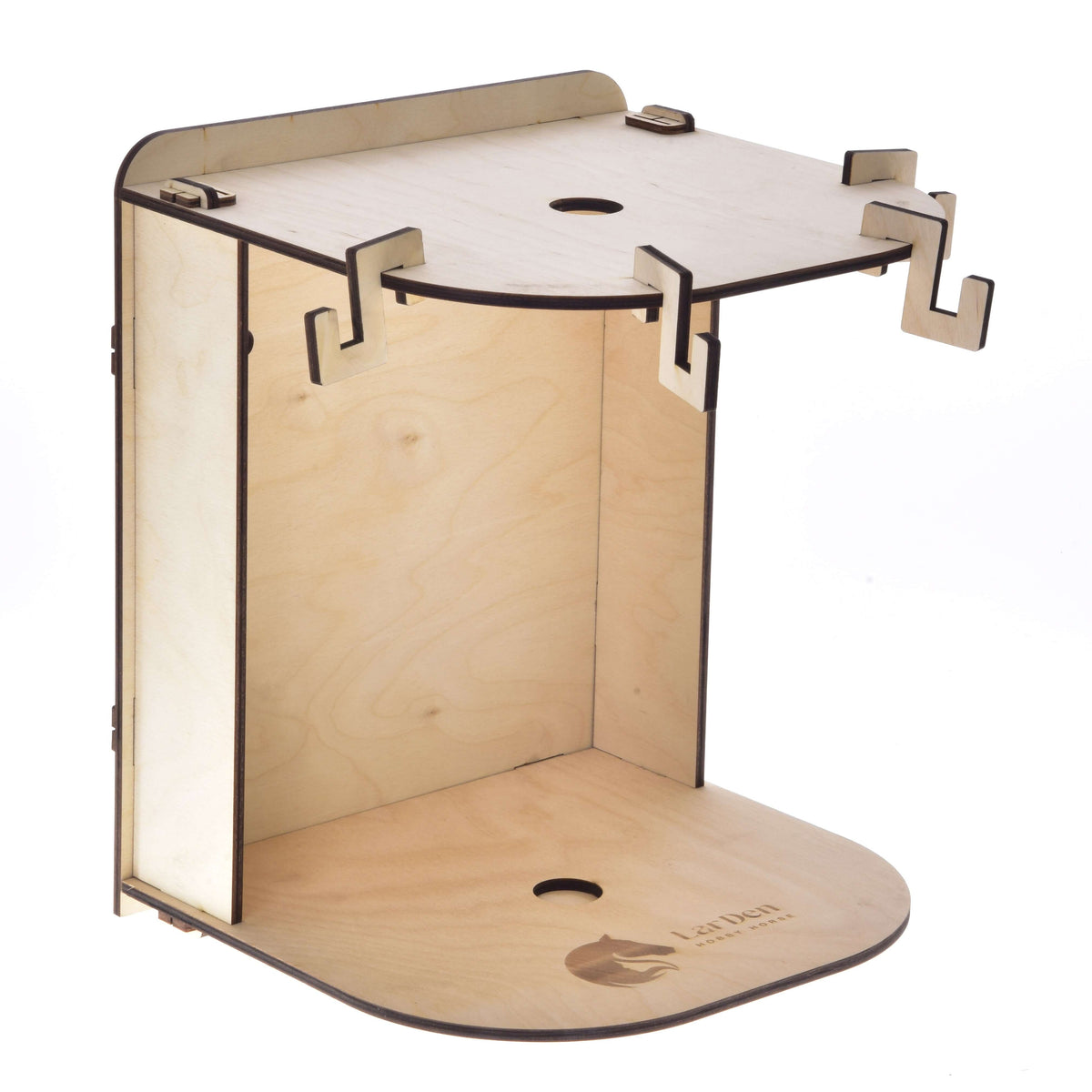 Small Hobby Horse Stable seen from the side, showing the open front, slotted joints and hooks on the curved shelf