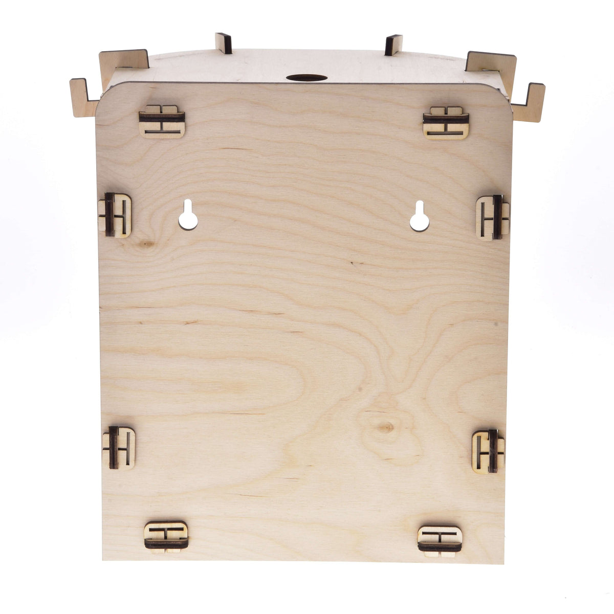 Back of the Small Hobby Horse Stable, a plywood panel with two keyhole slots for wall hanging and slotted joints