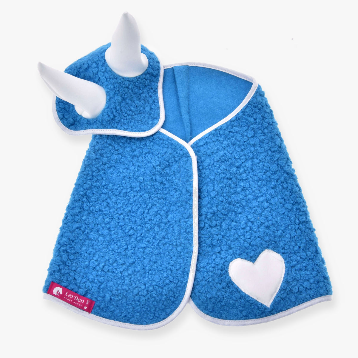 Hobby Horse Set Mystery by LarDen: blue curly fleece blanket with a white heart and matching ear bonnet with white ears