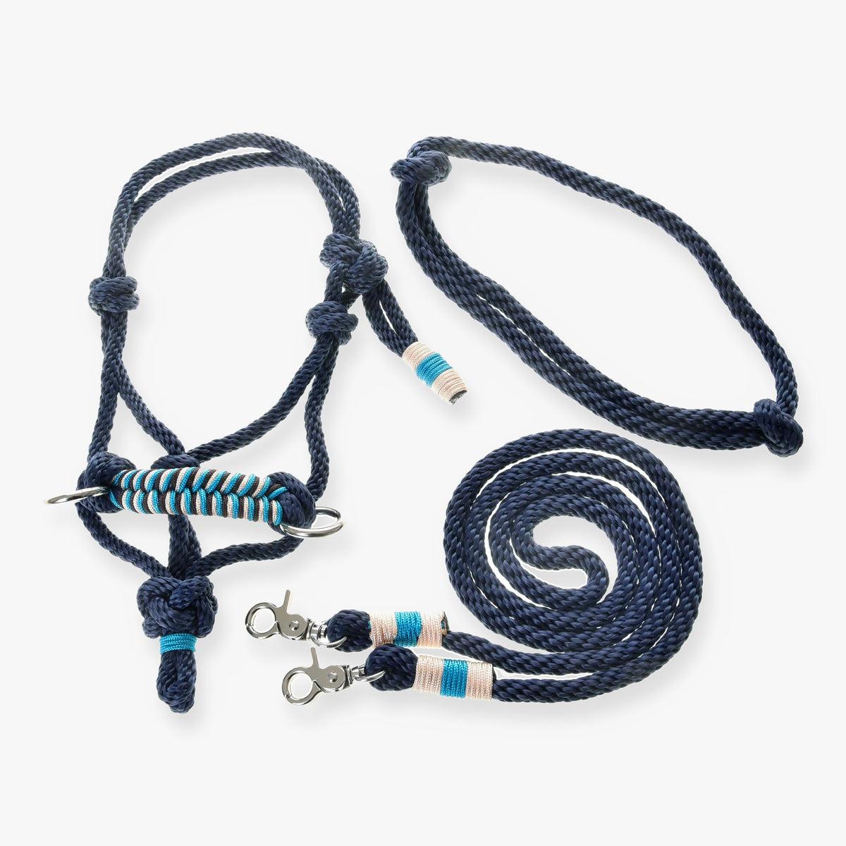 Hobby Horse Rope set navy by LarDen: navy rope halter, neck ring and reins with turquoise and cream braided accents