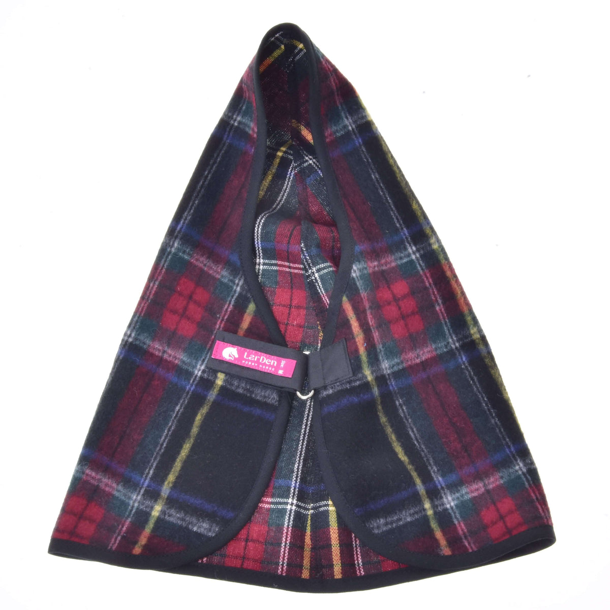 Tartan Hobby Horse stable blanket laid flat, fastened at the chest with a Velcro strap and pink LarDen label