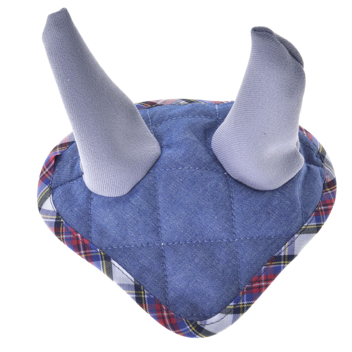 Naušniki iz Hobby Horse kompleta Jeans sami na belem: prešit vrh iz jeansa, dva siva ušesna dela iz blaga in karirasta obroba