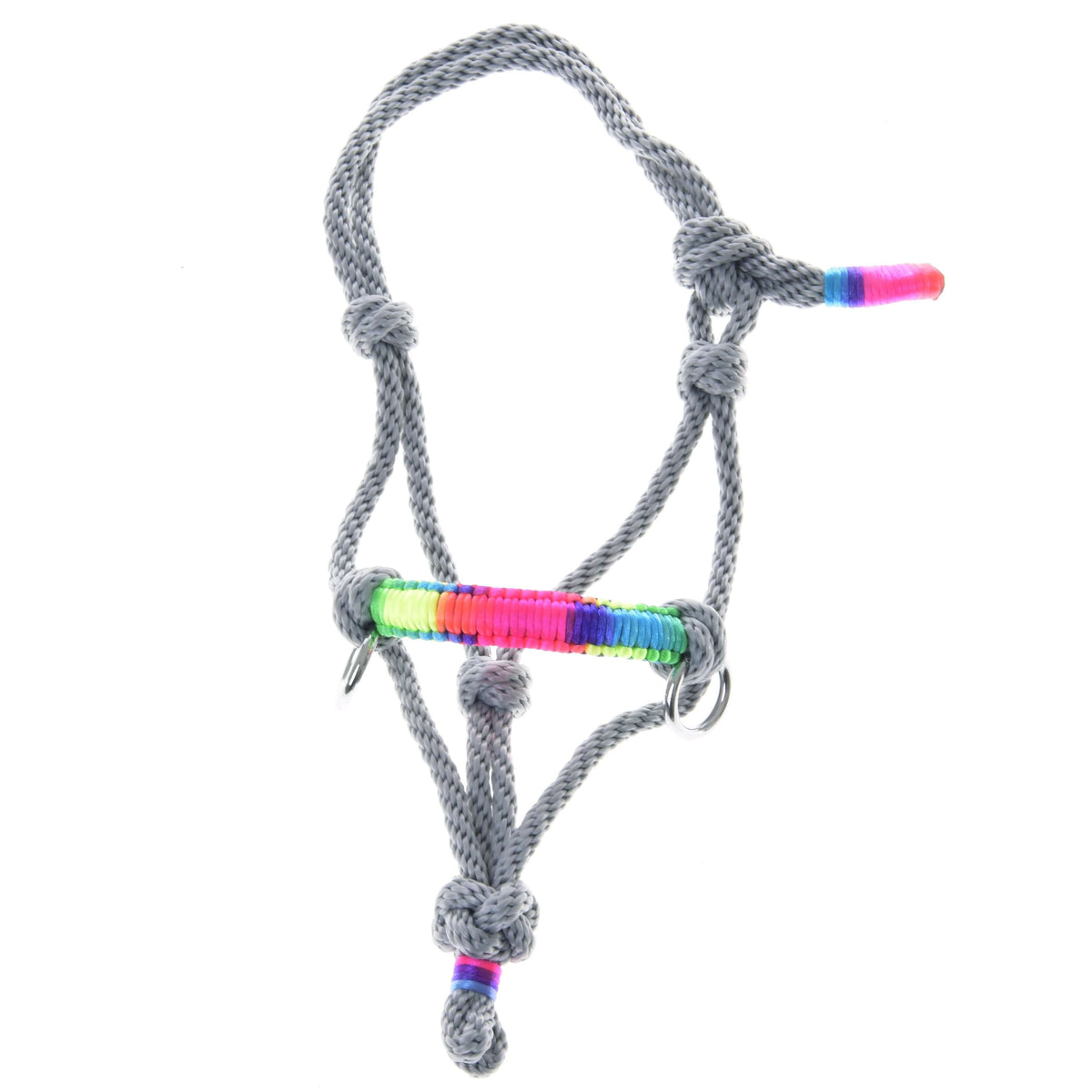 Hobby Horse rope halter Manhattan laid flat: grey rope with knots, rainbow noseband and rainbow wrapped rope ends