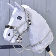 Grey plush Hobby Horse wearing Rope set Splendid: taupe rope halter and reins with a dark brown and gold braided noseband