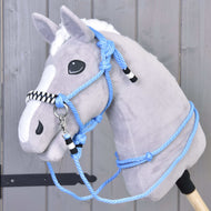 Grey plush Hobby Horse wearing Rope set Malibu: light blue rope halter and reins with a black and white braided noseband