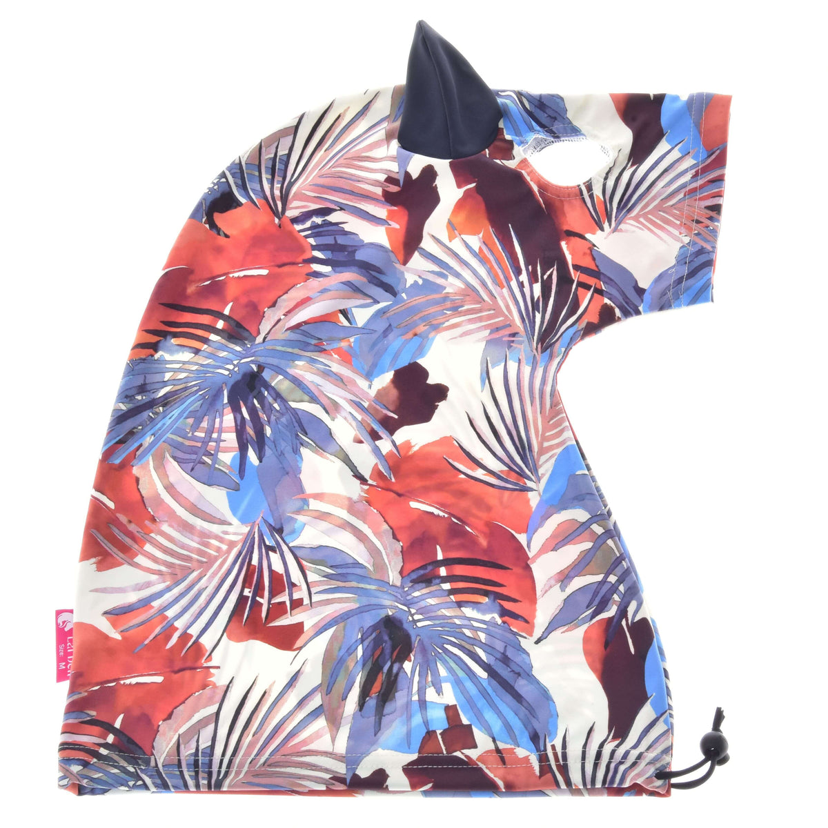 Hobby Horse protective suit Blue Jungle laid flat: white Lycra with blue, red and pink tropical leaves, navy ear, drawstring