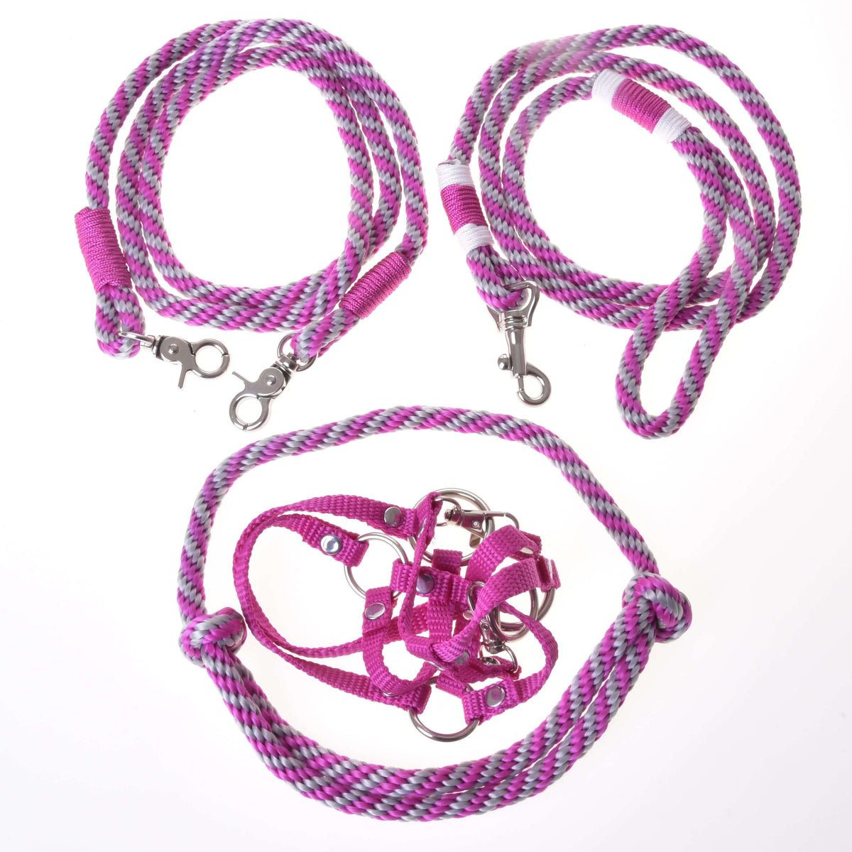 Hobby Horse Set Start Pink by LarDen: pink webbing halter, cordeo, lead rope and reins in pink and grey twisted rope