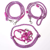 Hobby Horse Set Start Pink by LarDen: pink webbing halter, cordeo, lead rope and reins in pink and grey twisted rope