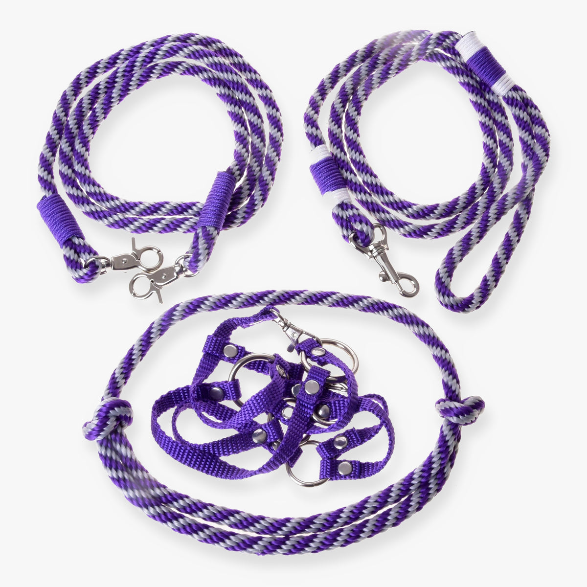 Hobby Horse komplet Start Purple LarDen: vijolična oglavka iz traku ter vratni obroč (cordeo), povodec in vajeti iz vijolično-sive sukane vrvi