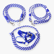 LarDen Hobby Horse Set Start blue: blue webbing halter, cordeo, lead rope and reins in blue and white rope